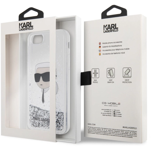 Apple iPhone SE 2022 Kılıf Karl Lagerfeld Sıvılı Simli Karl Head Dizayn Kapak - Gümüş