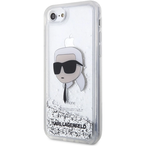 Apple iPhone SE 2022 Kılıf Karl Lagerfeld Sıvılı Simli Karl Head Dizayn Kapak - Gümüş