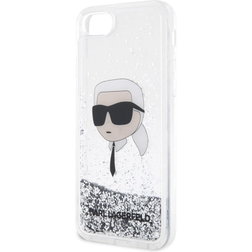 Apple iPhone SE 2022 Kılıf Karl Lagerfeld Sıvılı Simli Karl Head Dizayn Kapak - Gümüş