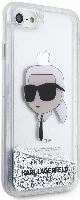 Apple iPhone SE 2022 Kılıf Karl Lagerfeld Sıvılı Simli Karl Head Dizayn Kapak - Gümüş