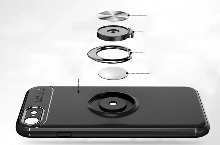 Apple iPhone SE 3 2022 Kılıf Auto Focus Serisi Soft Premium Standlı Yüzüklü Kapak - Gold - Siyah