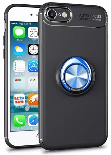 Apple iPhone SE 3 2022 Kılıf Auto Focus Serisi Soft Premium Standlı Yüzüklü Kapak - Mavi - Siyah