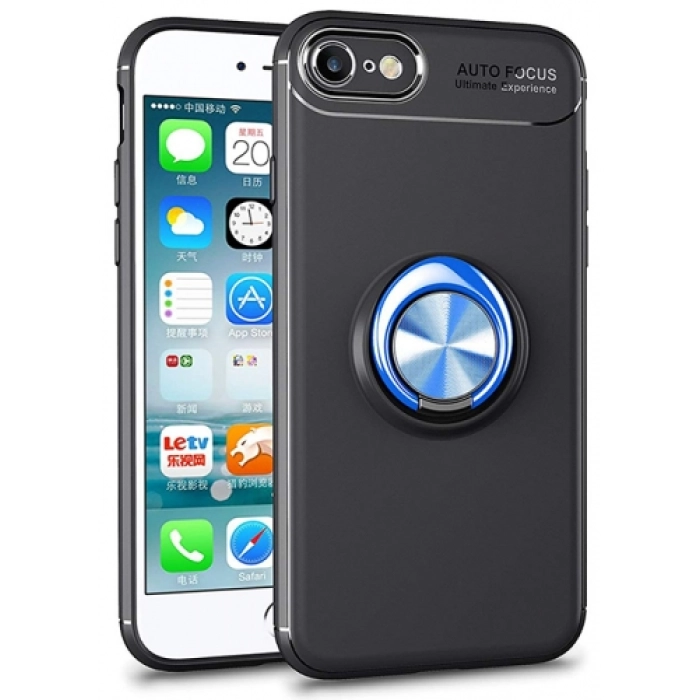 Apple iPhone SE 3 2022 Kılıf Renkli Silikon Yüzüklü Standlı Auto Focus Ravel Kapak - Mavi - Siyah