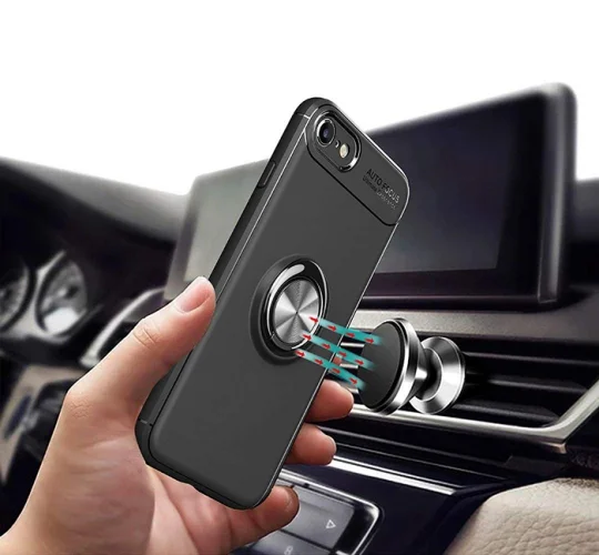 Apple iPhone SE 3 2022 Kılıf Auto Focus Serisi Soft Premium Standlı Yüzüklü Kapak - Siyah
