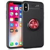 Apple iPhone X Kılıf Renkli Silikon Yüzüklü Standlı Auto Focus Ravel Kapak - Kırmızı - Siyah