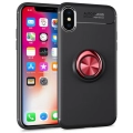 Apple iPhone X Kılıf Renkli Silikon Yüzüklü Standlı Auto Focus Ravel Kapak - Kırmızı - Siyah