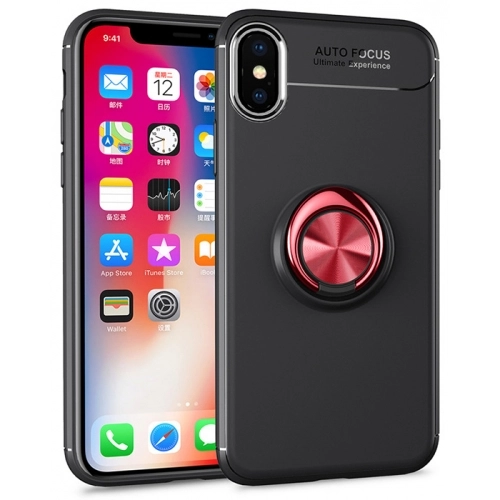 Apple iPhone X Kılıf Renkli Silikon Yüzüklü Standlı Auto Focus Ravel Kapak - Kırmızı - Siyah