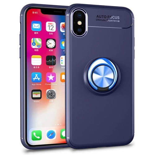 Apple iPhone X Kılıf Renkli Silikon Yüzüklü Standlı Auto Focus Ravel Kapak - Lacivert