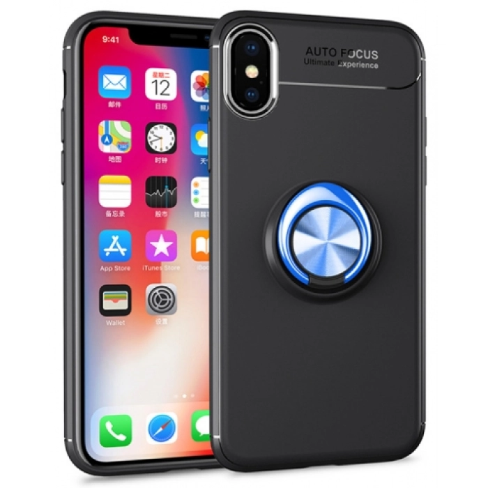 Apple iPhone X Kılıf Renkli Silikon Yüzüklü Standlı Auto Focus Ravel Kapak - Mavi - Siyah