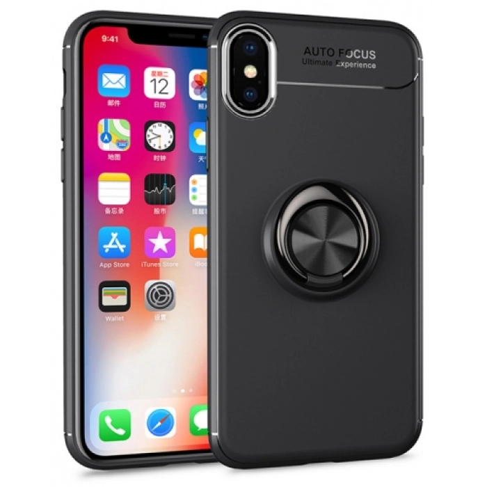 Apple iPhone X Kılıf Renkli Silikon Yüzüklü Standlı Auto Focus Ravel Kapak - Siyah