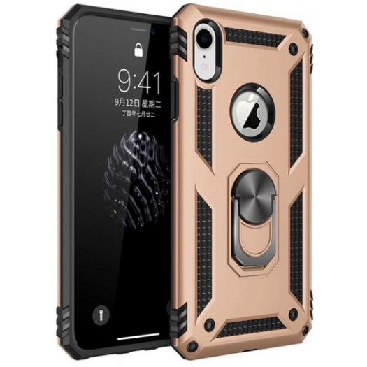 Apple iPhone Xr Kılıf Silikon Zırhlı Standlı Yüzüklü Mıknatıslı Tank Kapak - Gold