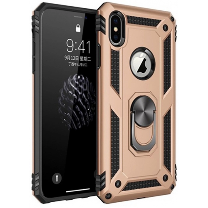 Apple iPhone Xs Kılıf Silikon Zırhlı Standlı Yüzüklü Mıknatıslı Tank Kapak - Gold