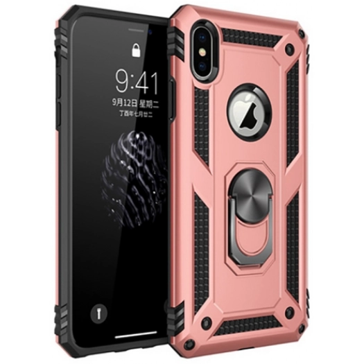 Apple iPhone Xs Max Kılıf Silikon Zırhlı Standlı Yüzüklü Mıknatıslı Tank Kapak - Rose Gold