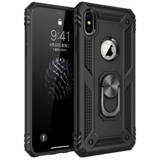 Apple iPhone Xs Max Kılıf Silikon Zırhlı Standlı Yüzüklü Mıknatıslı Tank Kapak - Siyah