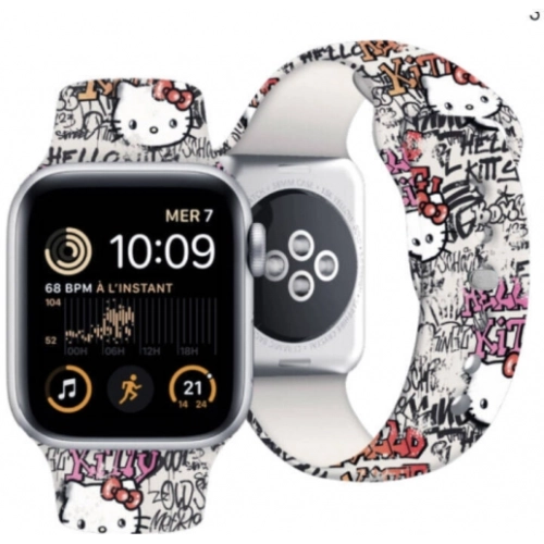 Apple Watch 38mm Hello Kitty Orjinal Lisanslı Etiket Graffiti Silikon Kordon - Krem