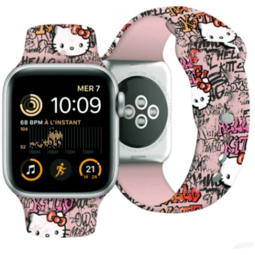 Apple Watch 38mm Hello Kitty Orjinal Lisanslı Etiket Graffiti Silikon Kordon - Krem