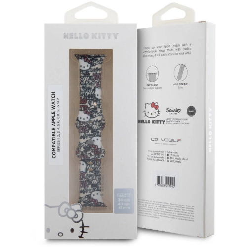 Apple Watch 38mm Hello Kitty Orjinal Lisanslı Etiket Graffiti Silikon Kordon - Krem
