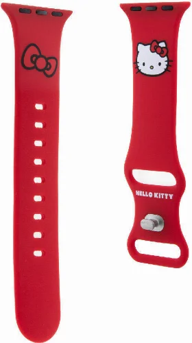Apple Watch 38mm Hello Kitty Orjinal Lisanslı Yazı Logolu Fiyonk & Kitty Head Silikon Kordon - Pembe