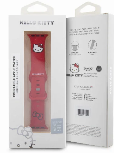 Apple Watch 38mm Hello Kitty Orjinal Lisanslı Yazı Logolu Fiyonk & Kitty Head Silikon Kordon - Mavi