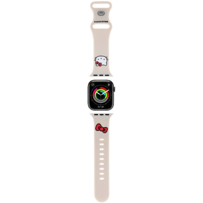 Apple Watch 38mm Hello Kitty Orjinal Lisanslı Yazı Logolu Fiyonk & Kitty Head Silikon Kordon - Krem