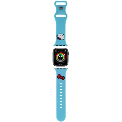 Apple Watch 38mm Hello Kitty Orjinal Lisanslı Yazı Logolu Fiyonk & Kitty Head Silikon Kordon - Mavi