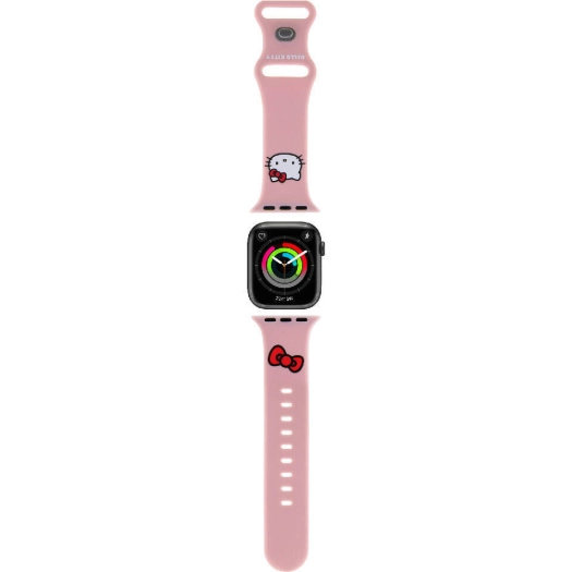 Apple Watch 38mm Hello Kitty Orjinal Lisanslı Yazı Logolu Fiyonk & Kitty Head Silikon Kordon - Pembe