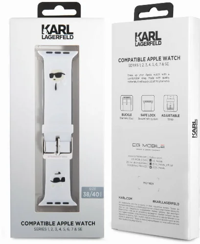 Apple Watch 38mm Karl Lagerfeld Orjinal Lisanslı İkonik Karl & Choupette Logolu Silikon Kordon - Beyaz