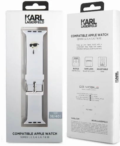 Apple Watch 38mm Karl Lagerfeld Orjinal Lisanslı İkonik Karl Head Logolu Silikon Kordon - Beyaz