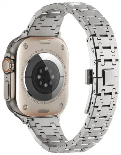 Apple Watch 38mm Kordon Şerit Tasarımlı Otomatik Klipsli Çelik KRD-83 - Gümüş - Rose