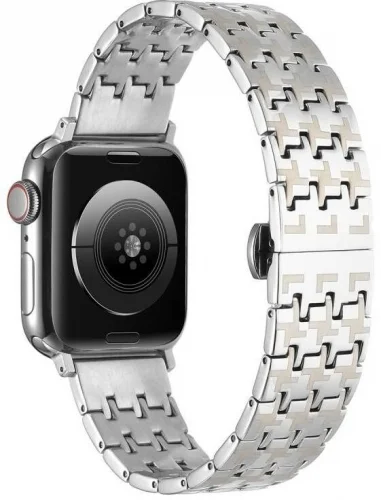 Apple Watch 38mm Kordon Zigzag Tasarımlı Düğme Klipsli Çelik KRD-86 - Gold