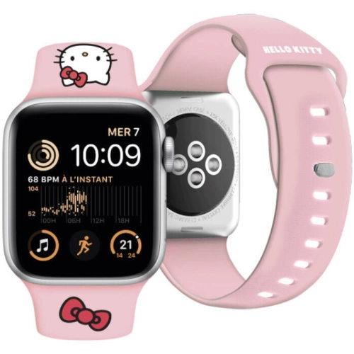 Apple Watch 40mm Hello Kitty Orjinal Lisanslı Yazı Logolu Fiyonk & Kitty Head Silikon Kordon - Mavi