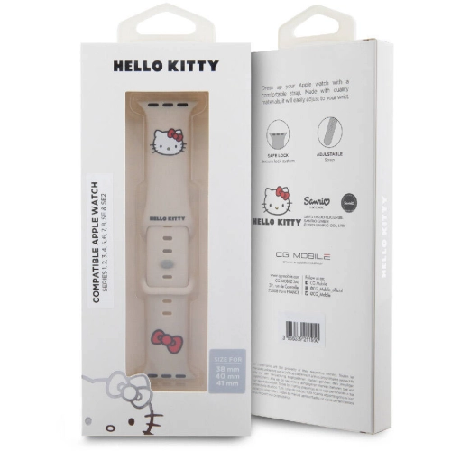 Apple Watch 40mm Hello Kitty Orjinal Lisanslı Yazı Logolu Fiyonk & Kitty Head Silikon Kordon - Krem