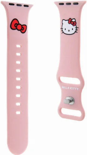 Apple Watch 40mm Hello Kitty Orjinal Lisanslı Yazı Logolu Fiyonk & Kitty Head Silikon Kordon - Pembe