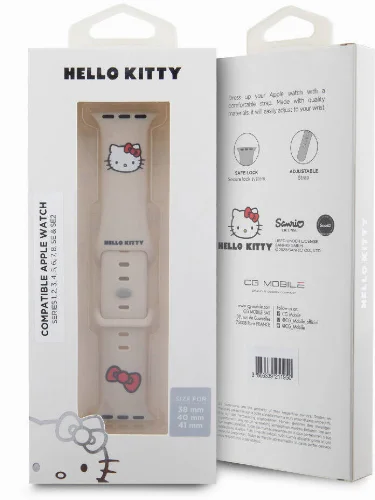 Apple Watch 40mm Hello Kitty Orjinal Lisanslı Yazı Logolu Fiyonk & Kitty Head Silikon Kordon - Kırmızı