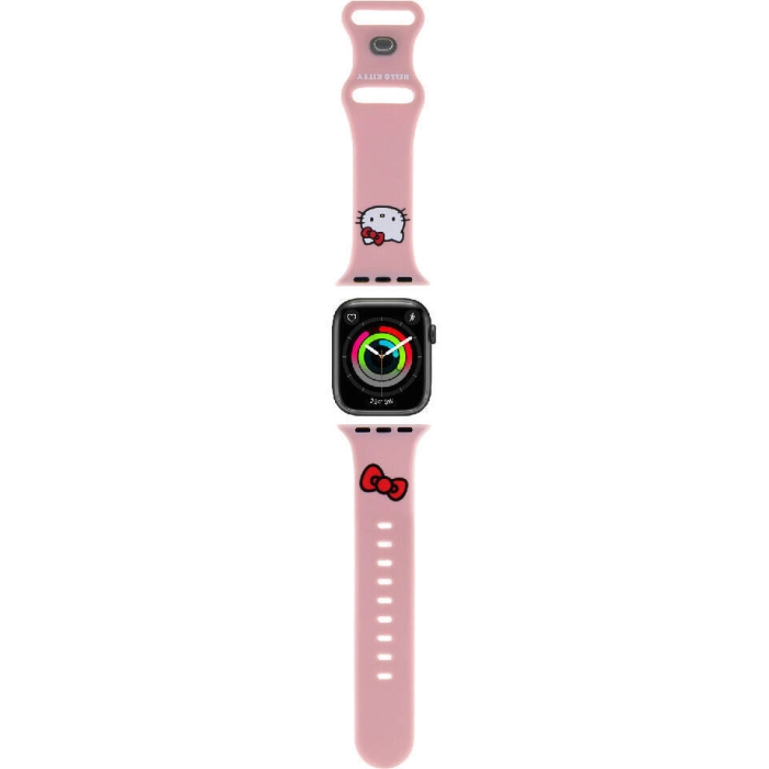 Apple Watch 40mm Hello Kitty Orjinal Lisanslı Yazı Logolu Fiyonk & Kitty Head Silikon Kordon - Pembe