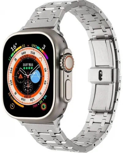 Apple Watch 40mm Kordon Şerit Tasarımlı Otomatik Klipsli Çelik KRD-83 - Gümüş - Rose