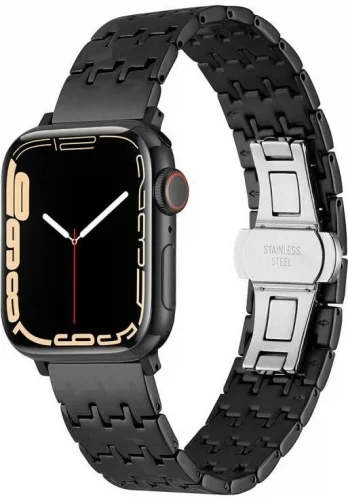 Apple Watch 40mm Kordon Zigzag Tasarımlı Düğme Klipsli Çelik KRD-86 - Siyah