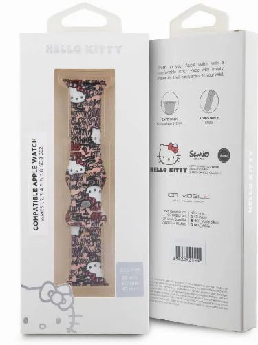 Apple Watch 41mm Hello Kitty Orjinal Lisanslı Etiket Graffiti Silikon Kordon - Krem
