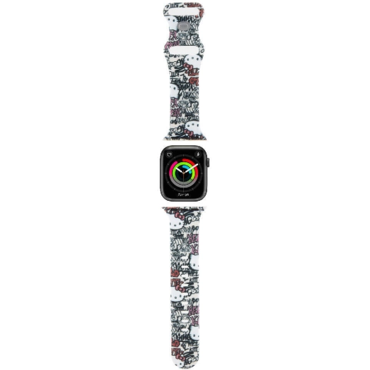 Apple Watch 41mm Hello Kitty Orjinal Lisanslı Etiket Graffiti Silikon Kordon - Krem