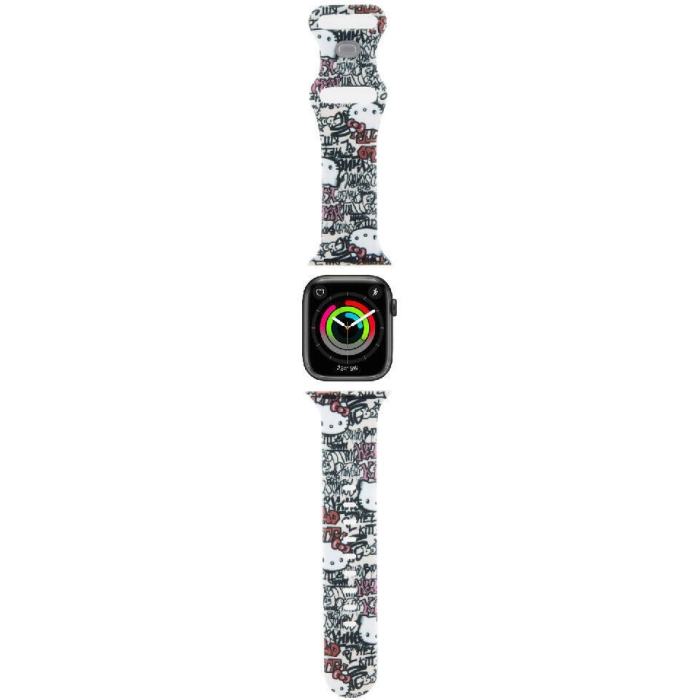 Apple Watch 41mm Hello Kitty Orjinal Lisanslı Etiket Graffiti Silikon Kordon - Krem