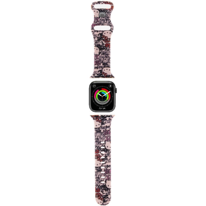 Apple Watch 41mm Hello Kitty Orjinal Lisanslı Etiket Graffiti Silikon Kordon - Pembe