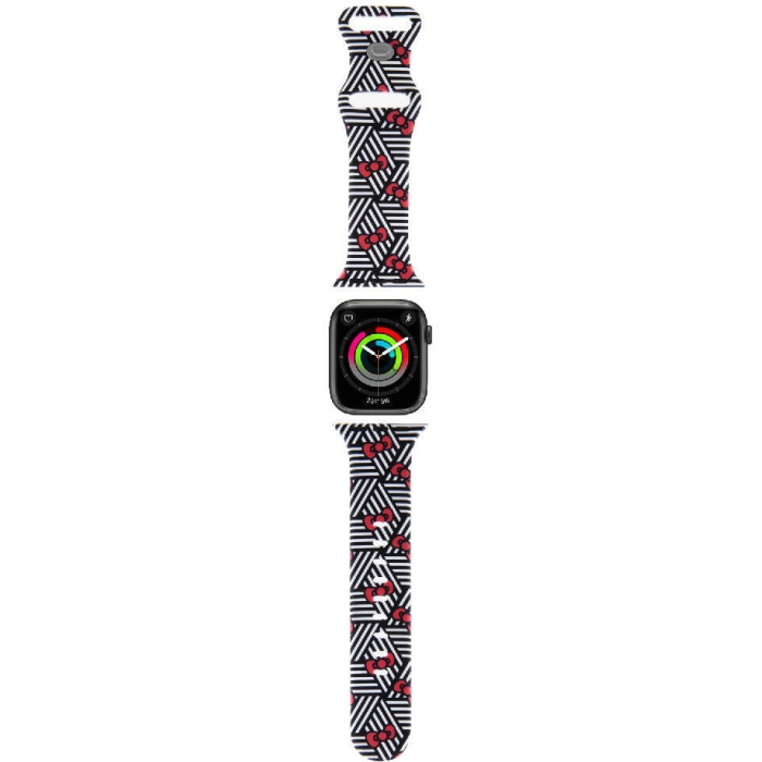 Apple Watch 41mm Hello Kitty Orjinal Lisanslı Fiyonklar & Çizgiler Silikon Kordon - Siyah
