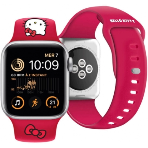 Apple Watch 41mm Hello Kitty Orjinal Lisanslı Yazı Logolu Fiyonk & Kitty Head Silikon Kordon - Kırmızı