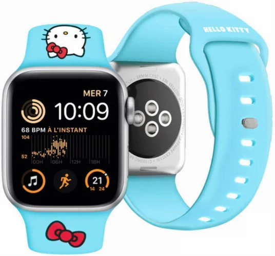 Apple Watch 41mm Hello Kitty Orjinal Lisanslı Yazı Logolu Fiyonk & Kitty Head Silikon Kordon - Mavi