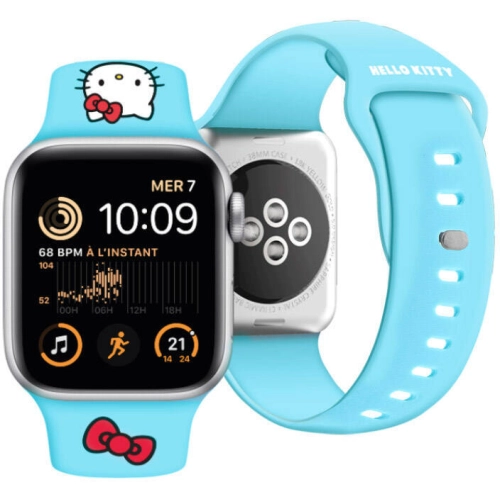 Apple Watch 41mm Hello Kitty Orjinal Lisanslı Yazı Logolu Fiyonk & Kitty Head Silikon Kordon - Mavi