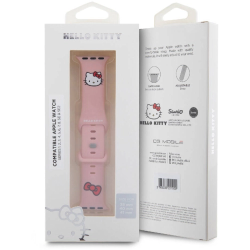 Apple Watch 41mm Hello Kitty Orjinal Lisanslı Yazı Logolu Fiyonk & Kitty Head Silikon Kordon - Pembe