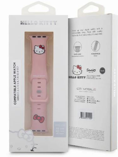 Apple Watch 41mm Hello Kitty Orjinal Lisanslı Yazı Logolu Fiyonk & Kitty Head Silikon Kordon - Kırmızı