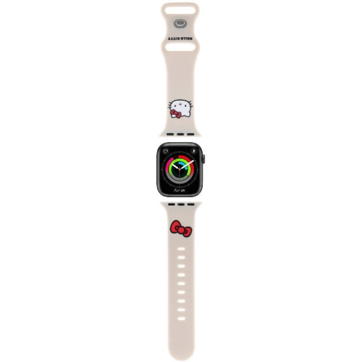 Apple Watch 41mm Hello Kitty Orjinal Lisanslı Yazı Logolu Fiyonk & Kitty Head Silikon Kordon - Krem