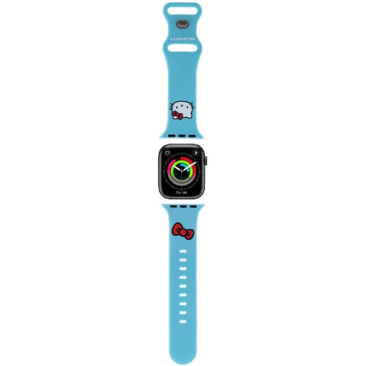Apple Watch 41mm Hello Kitty Orjinal Lisanslı Yazı Logolu Fiyonk & Kitty Head Silikon Kordon - Mavi