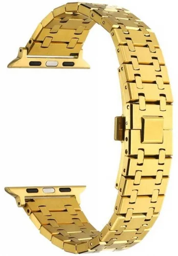 Apple Watch 42mm Kordon Şerit Tasarımlı Otomatik Klipsli Çelik KRD-83 - Gold